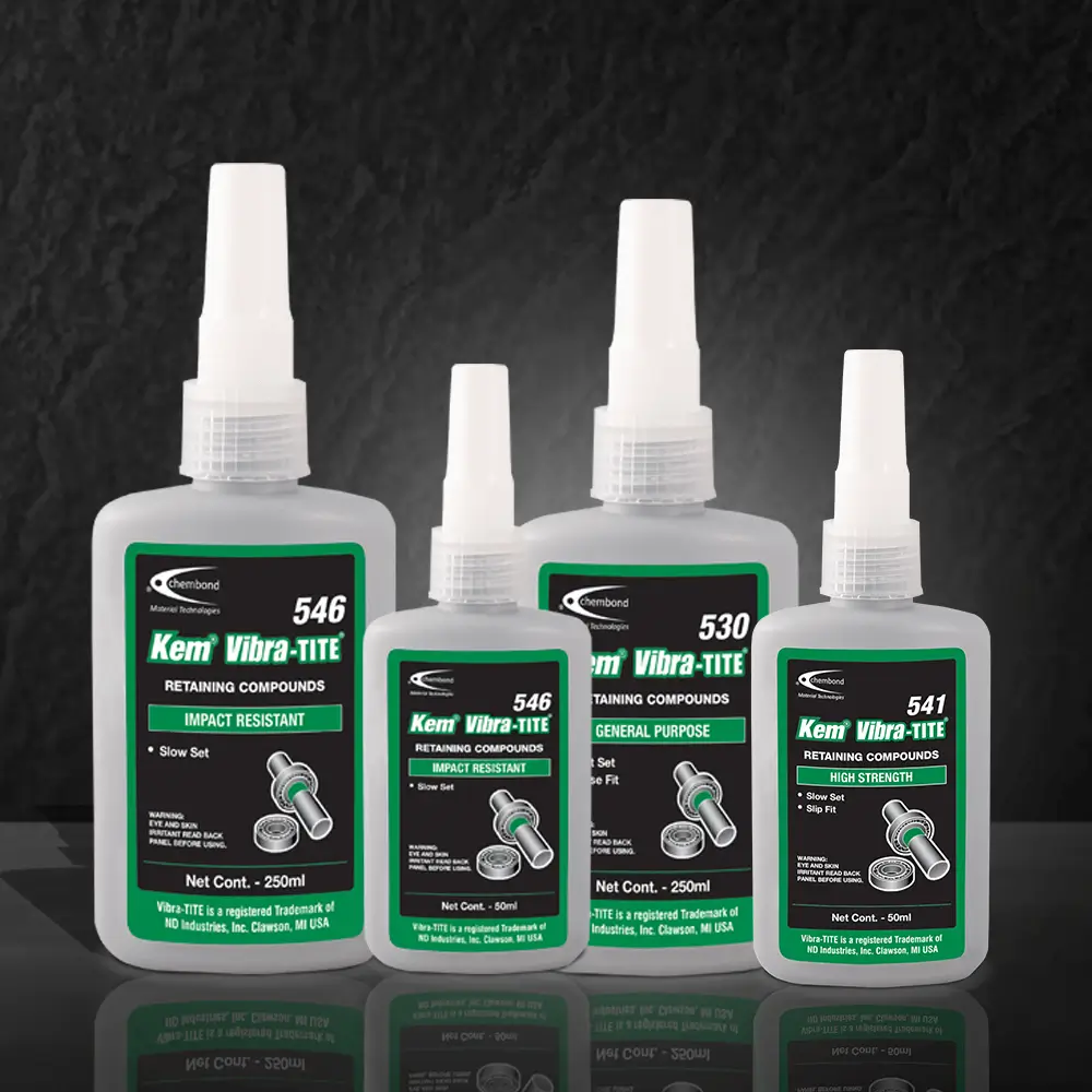 Four bottles of Kem Vibra-TITE retaining compounds against a dark background, labeled with product numbers 530, 541, and 546.